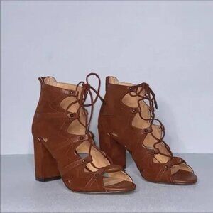 Zendaya Suede Lace Up Heeled Booties Cognac Size 6